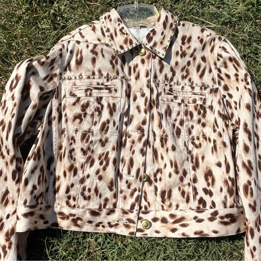 Chico's Animal Print Studded Jean Jacket